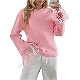 SweatyRocks Women's Feather Trim Bell Long Sleeve Top Crewneck Pullover Sweatshirts