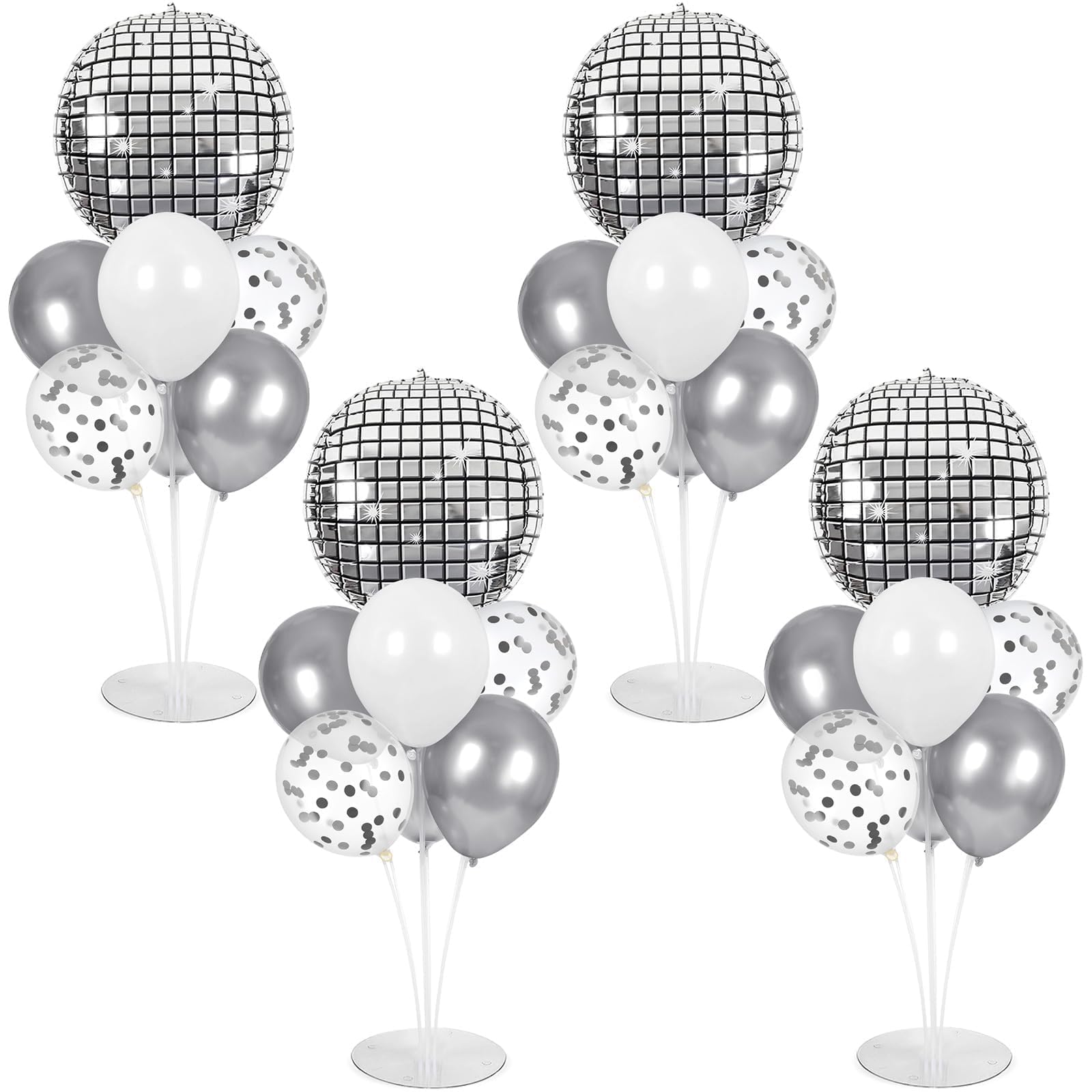 Photo 1 of 4 Sets Prom Silver Disco Ball Party Balloons Stand Kit with 4 Metallic Ball Foil Balloons Disco Themed Balloon 70s 80s 90s Dance Party Balloon Centerpiece for Tables Birthday Baby Shower Decorations