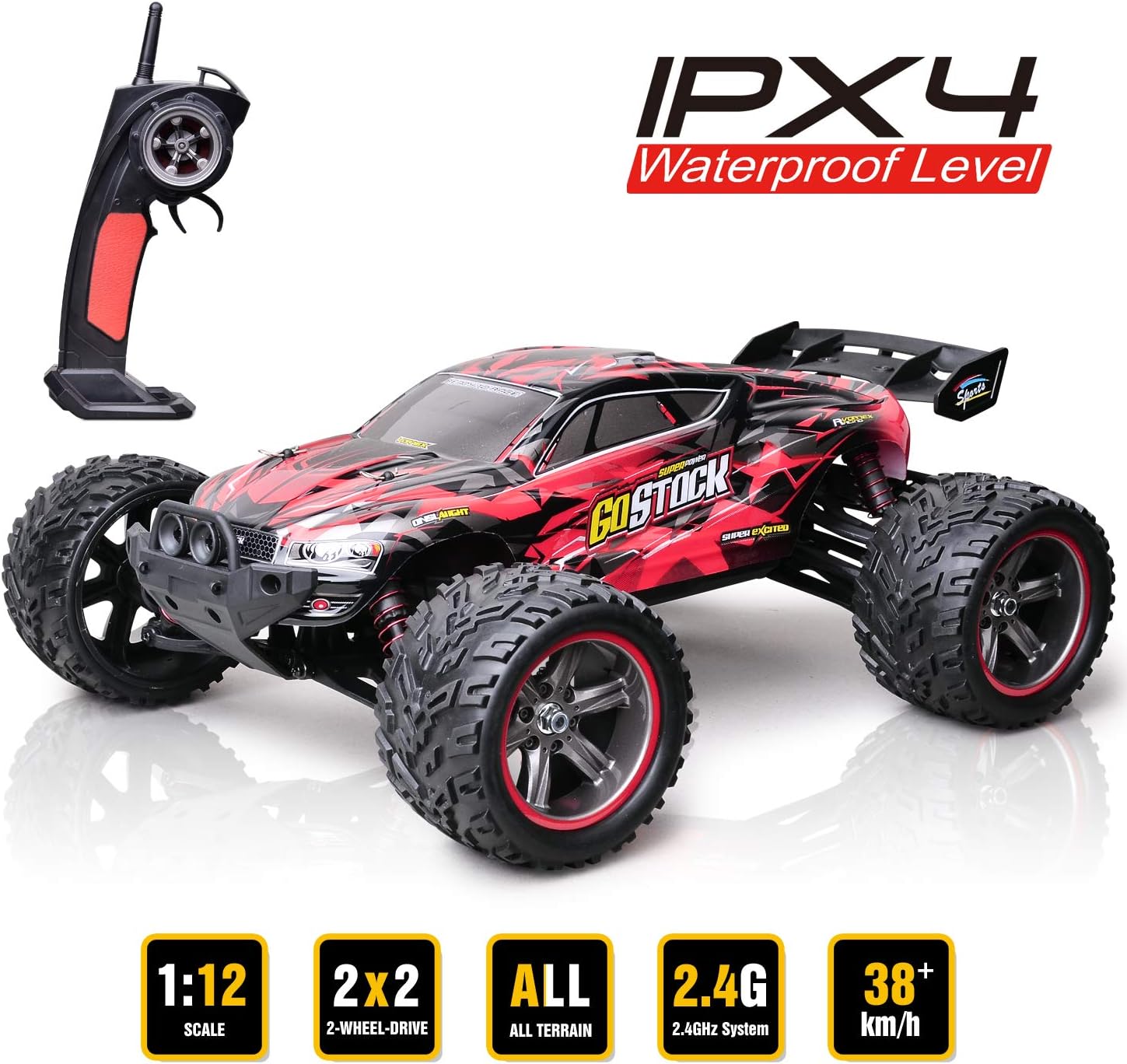 GoStock Remote Control Cars, 1:12 RC Car/ Electric Racing Car 38km/h High Speed Off-Road Monster Truck 2.4Ghz RC Buggy Radio Controlled Car Toy Vehicle for Kids and Adults