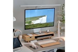 ROCDEER Bamboo Monitor Stand Riser with Drawer, Ergonomic Computer Riser for Desk with Cable Management & Storage Organizer, Wood Monitor Stand for Home Office