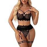 Parthenope Sexy Lingerie for Women 3 Piece Garter Lingerie Floral Lace Bra and Panty Lingerie Set with Underwire Black