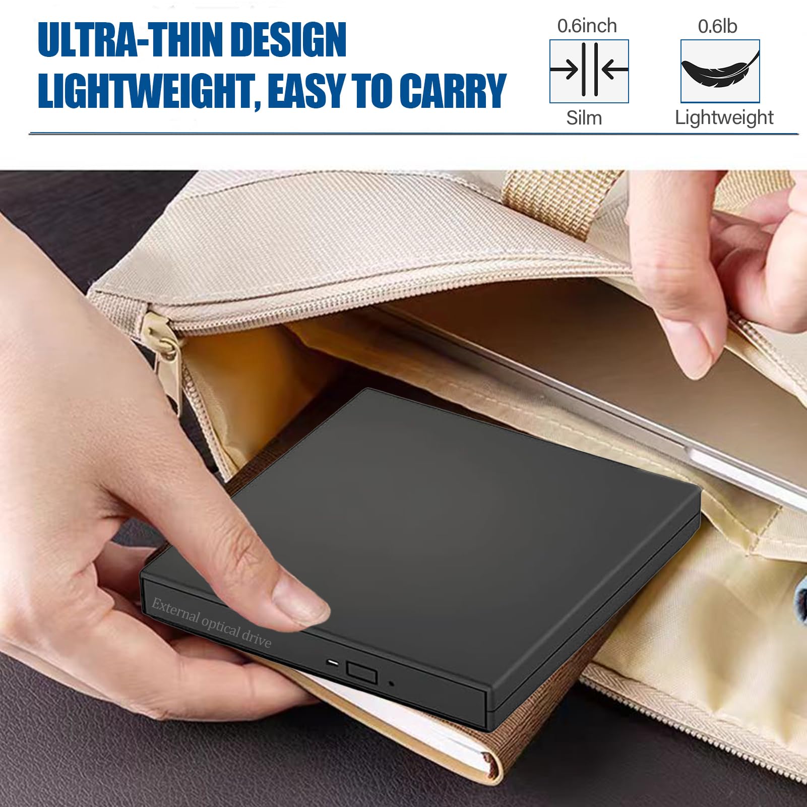 External CD/DVD Drive for Laptop PC,USB Silm Portable CD Burner +/-RW DVD ROM Player Reader Writer Optical Disc Drive for Laptop Desktop PC Windows 11/10/8/7 Linux OS Mac Macbook（with Type-C adapter）