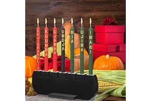 SOSATION 8 Pieces Kwanzaa Wood Candle Holder Kit Wooden Holder Candles with Words Kwanzaa 3 Red 3 Green 1 Black Winter Kinara Candles Celebrates African Americans Traditional House Decor