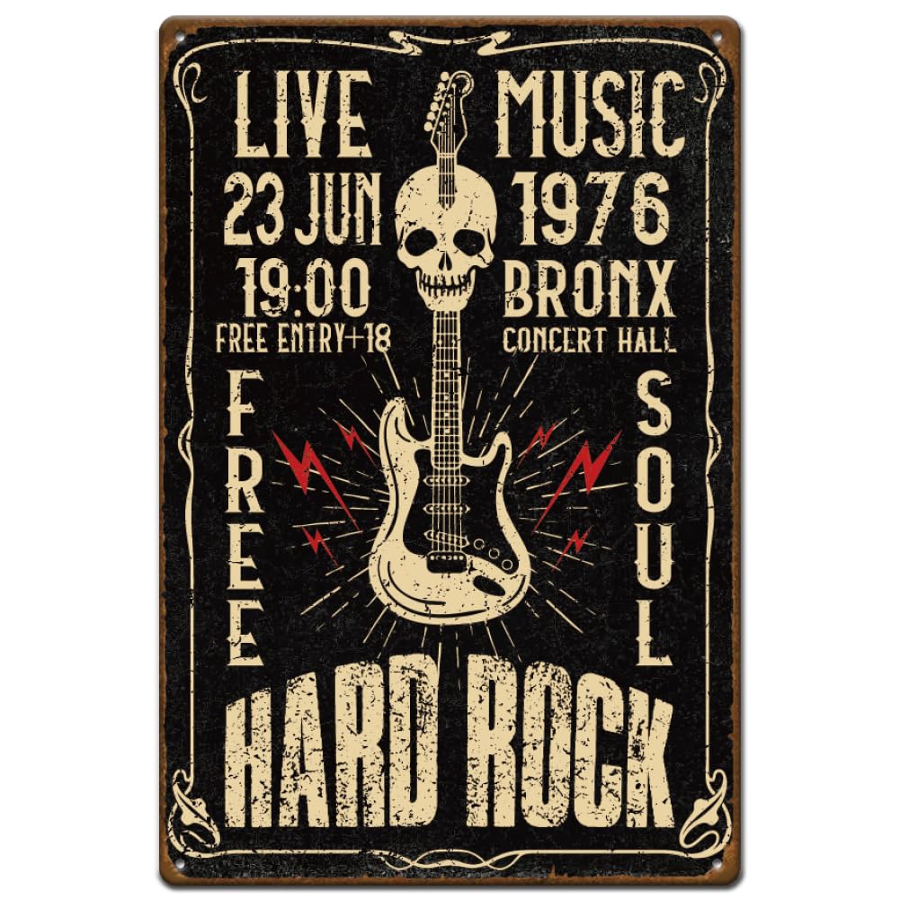 SUPERDANT Hard Rock Metal Signs Skull Guitar Tin Sign Live Music Free Soul Metal Wall Plaques Funny Signs Vintage Decor Retro Wall Art for Music Guitar Lover Man Cave Bedroom living Room Decor