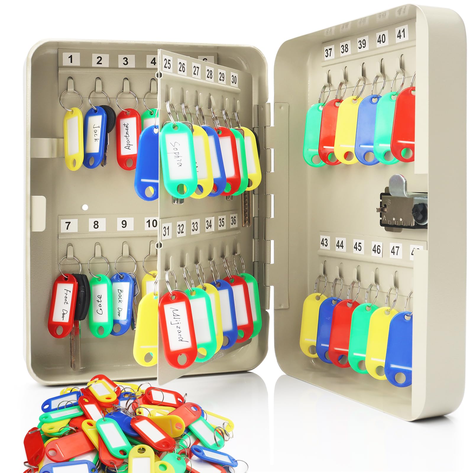 Mlijzard Key Safe Wall Mounted Combination Key Cabinet with Resettable Code, 48-Key Key Lock Box with 100pcs Key Tags, Steel Keysafe Key Organizer for Home Office Garage (White-48Key100Tag)
