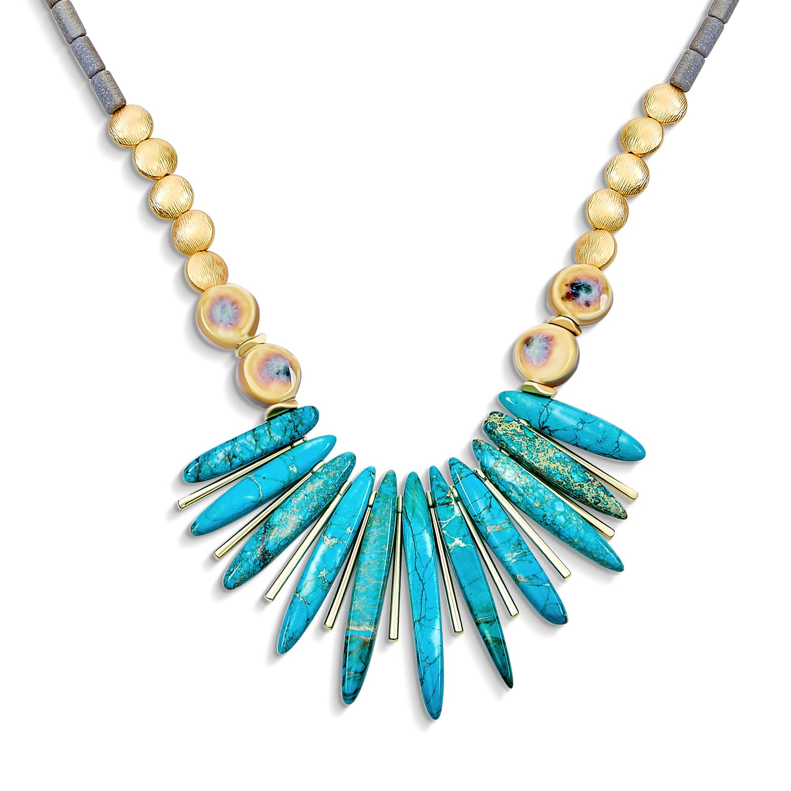 Tribal Compress Blue Turquoise Spike Gemstone Irregular Beads Stone Fan Statement Collar Choker Bib Necklaces Western Jewelry For Women Teens Gold Plated Bead & Clasp Adjustable