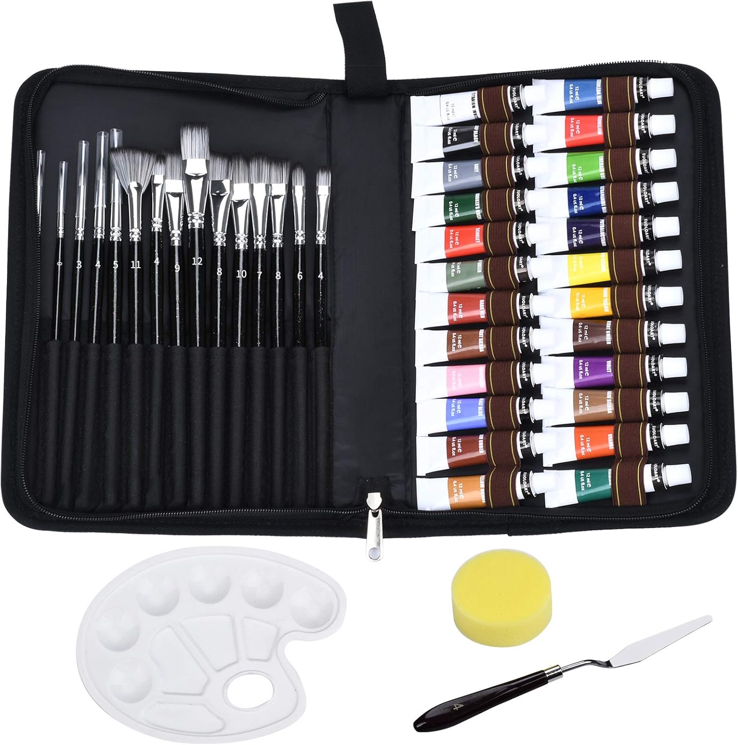Complete Acrylic Paint Set - 24x Craft Paints, 18pcs Artist Paint Brushes with Palette, Painting Knife & Sponge in Canvas Bag for Acrylic, Oil & Watercolor -for Adults and Kids