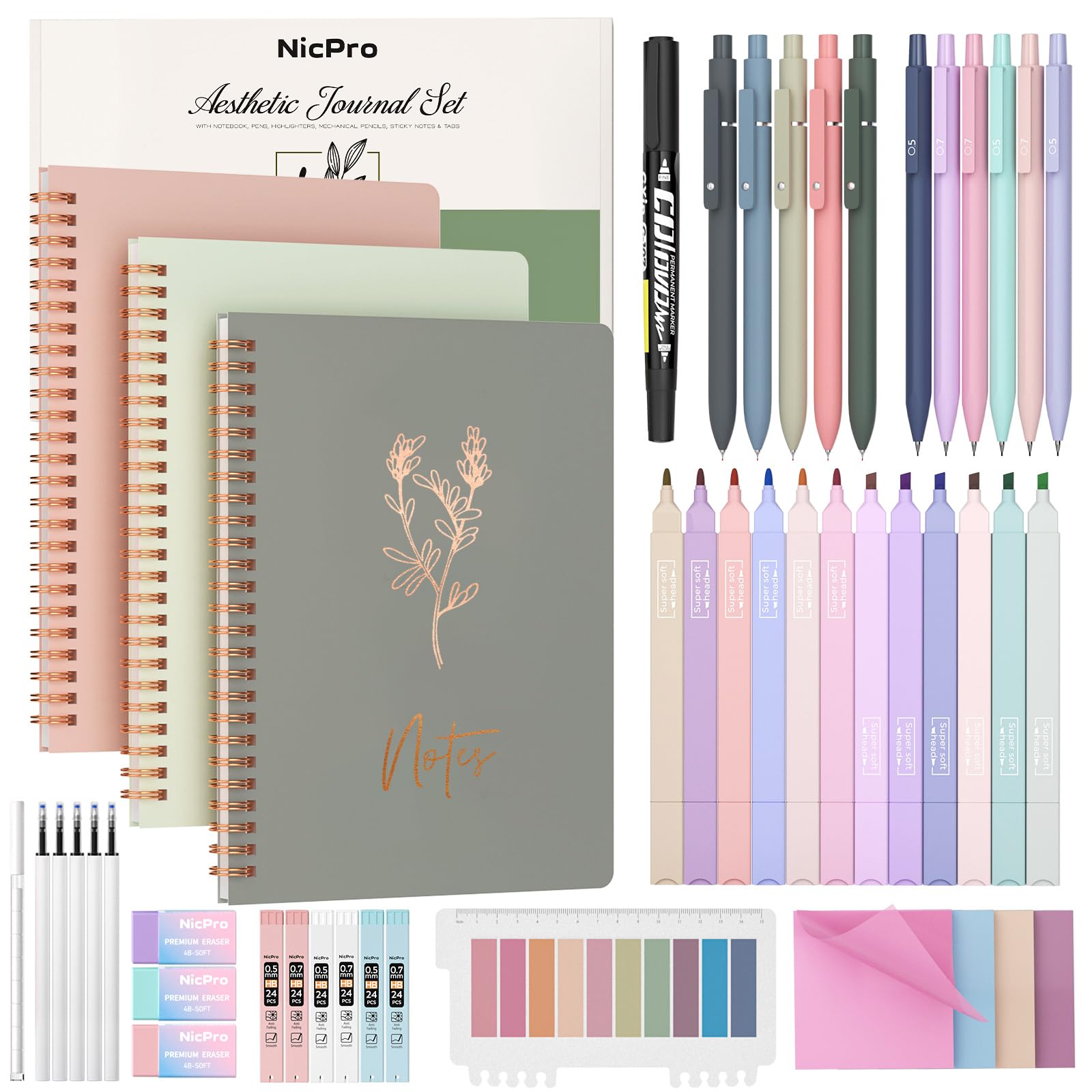 Photo 1 of Nicpro 50PCS Cute Spiral Notebook Stationary Set For Women, Bible Journal Set, 3PCS A5 Spiral Notebook, Gel Pens, Sticky Notes & Tabs, Gift Box, Mechanical Pencils for Study Aesthetic School Supplies