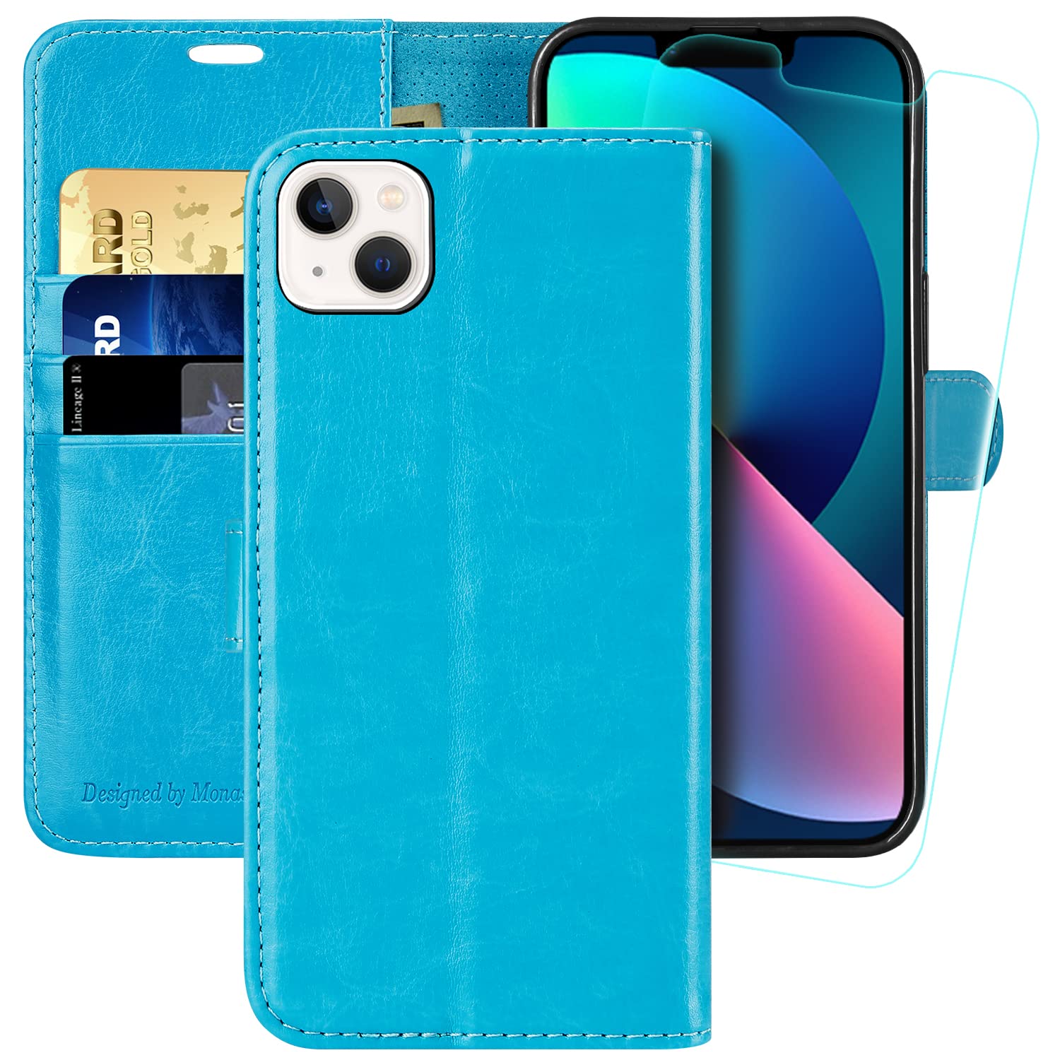 MONASAY Wallet Case for iPhone 13 Mini 5G,5.4-inch[Glass Screen Protector Included] [RFID Blocking] Flip Folio Leather Cell Phone Cover with Credit Card Holder,Light blue