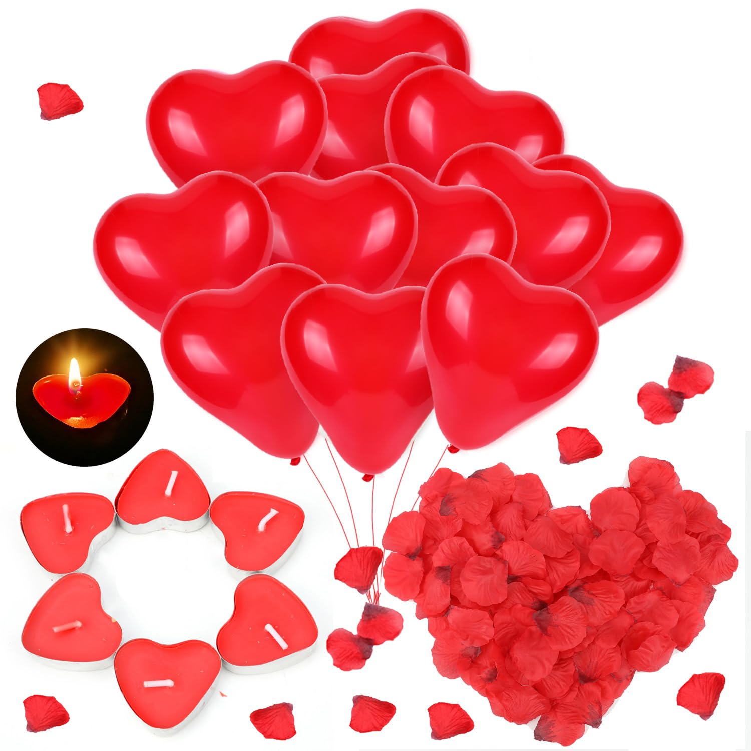 HOWAF Valentines Day Decorations, 30 Valentines Balloons Red Heart Balloons, 50 Heart Candles, 1000 Fake Rose Petals Kit for Valentines Decorations Engagement Party Romantic Decoration