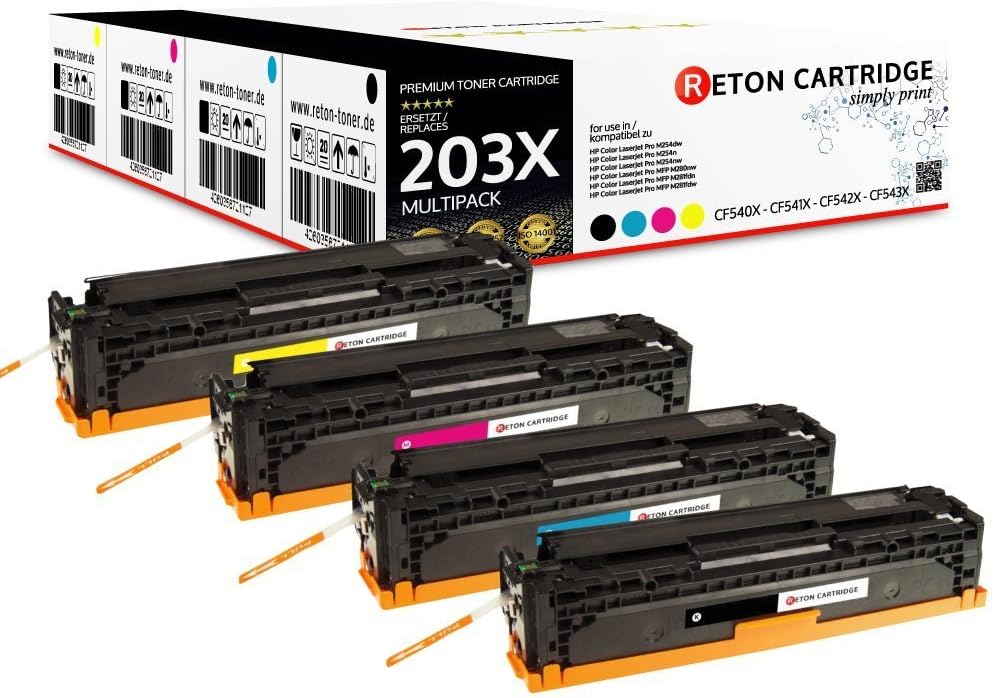 4 Original Reton |40% higher Range | Compatible HP Toner 203x CF540X, CF541X, CF542X, CF543X Black Cyan Magenta Yellow