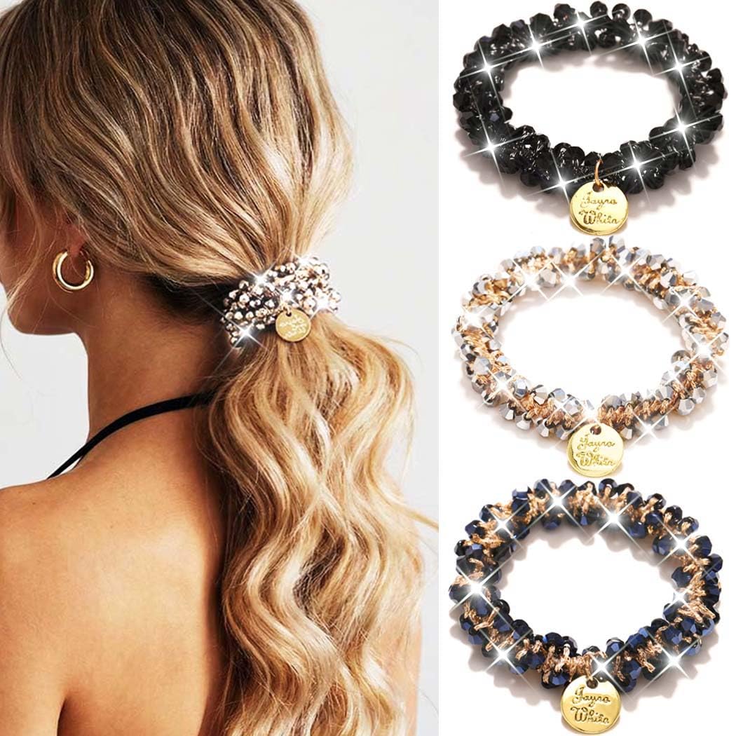 Reaky Rhinestone Hair Ties Fancy Ponytail Holders Beaded Scrunchies Hair Accessories for Women (Black, Dark blue, Silver)