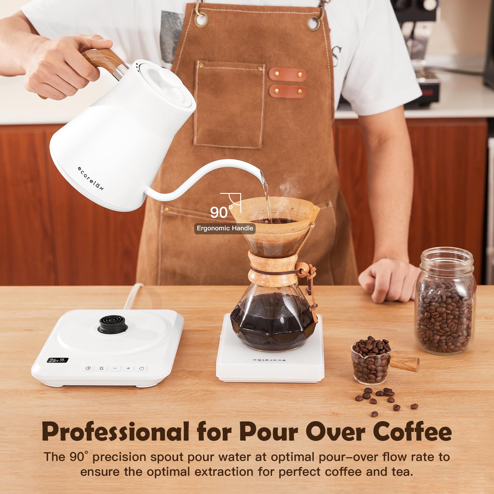 ECORELAX Hervidor eléctrico con cuello de cisne, control de temperatura ±1℉, hervidor para café, té y agua, acero inoxidable, 1200 W, pantalla OLED para mantener caliente, 1 L (blanco)