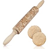 Flexzion Embossed Rolling Pins with Patterns for Baking, 7.7-inch Engraved Wooden Rolling Pin with Snowflake Flower Pattern Rolling Pin for Baking Pastry Pizza Dough Fondant Cookie Pie Crust Pasta