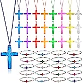 Equsion 48 Pcs Cross Necklaces Christian Religious Easter Party Favors Include 24 Plastic Crystal Cross Necklace DIY Craft Gifts with 24 Bracelet for Easter Vacation Bible Prize Favor(Bead)