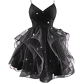 Hiclein Sparkly Tulle Homecoming Dresses for Teens Spaghetti Strap Tiered Short Prom Dress V Neck Cocktail Party Gown