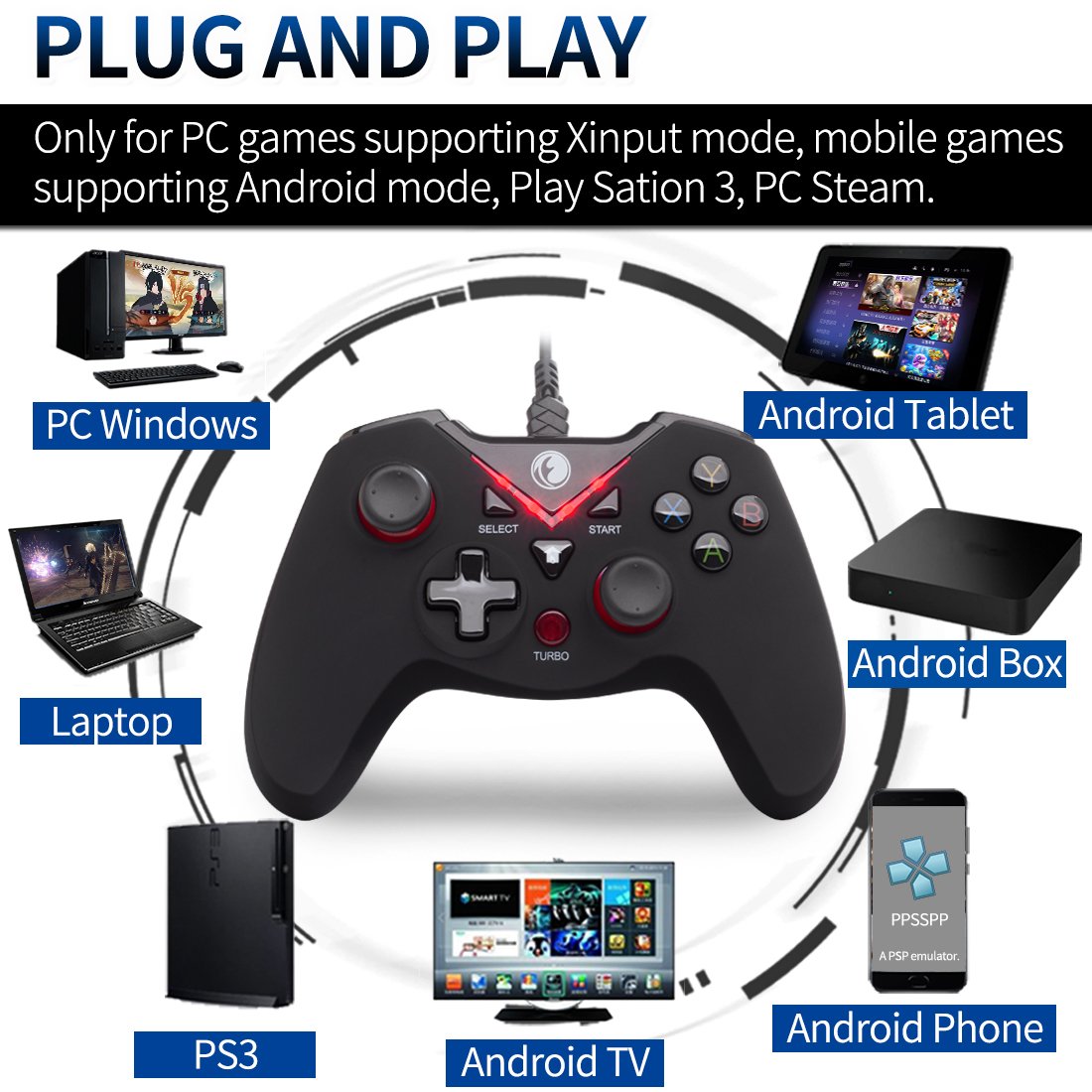 V-one Wired USB Gaming Controller Gamepad Joystick for PC (Windows XP/7/8/10/11) & Steam & Android & PS3 - Red