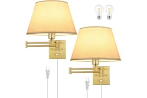 TRLIFE Dimmable Wall Sconce Plug in, Brushed Brass Wall Sconces Set of 2 Swing Arm Wall Lights with Plug in Cord and Dimmer On/Off Knob Switch, 11.8" Large White Fabric Shade(2 LED Bulbs Included)
