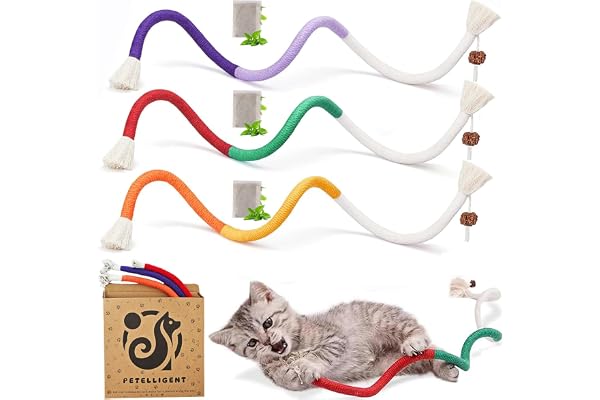 Petelligent Cat Chew Rope Toys 3PCS Refillable Catnip and Silvervine, Interactive Teasing Toy for Indoor Cats & Kittens, Safe