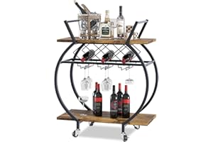 Azheruol Bar Carts 2 Tiers Rolling Home Serving Cart with Wine Rack and Wheels,Modern Rustic Brown Metal Round Wine Cart,Industrial Mobile Storage Kitchen Trolley for Kitchen, Bar, Living Room