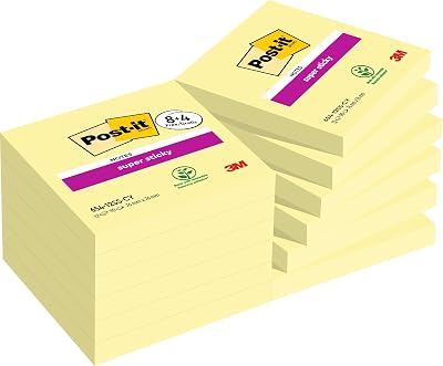 Super Sticky Canary Yellow Notes, Pack de 8 blocos + 4 gratuitos, 90 folhas por bloco, 76 mm x 76 mm, Amarelo - Post-its extra para listas de tarefas e lembretes
