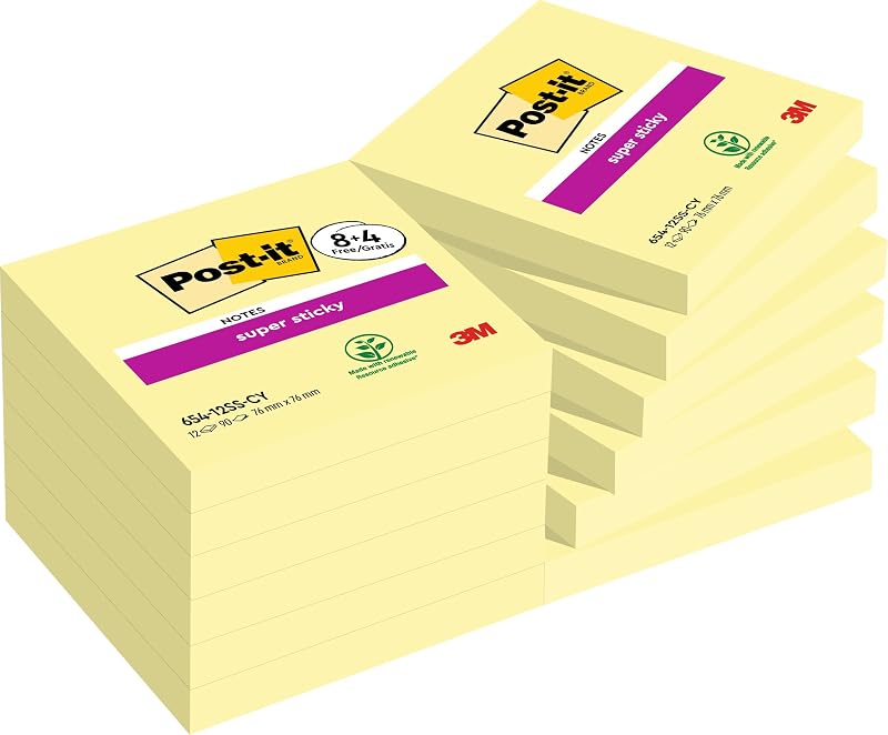Super Sticky Canary Yellow Notes, Pack de 8 blocos + 4 gratuitos, 90 folhas por bloco, 76 mm x 76 mm, Amarelo - Post-its extra para listas de tarefas e lembretes
