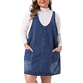 Agnes Orinda Plus Size Denim Overall Dress for Women Sleeveless V Neck Denim Jumper Dress with Pocket