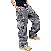 DFGIGT Mens Denim Baggy Pants with Cargo Pockets Mid Weight Casual Streetwear Wide Leg Jeans Hip Hop Skater Trousers