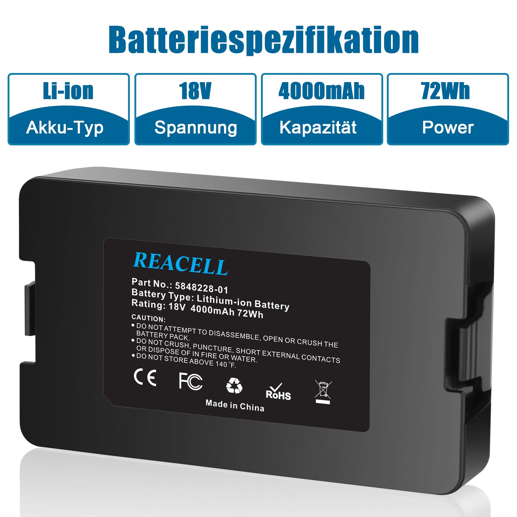 REACELL 18V 4000mAh Lithium-Ionen Akku Kompatibel für Husqvarna Automower 115H/305/310/315/315X (2020), Ersatzakku für Gardena Sileno City/Life, für Gardena sileno minimo 250 Mähroboter 2