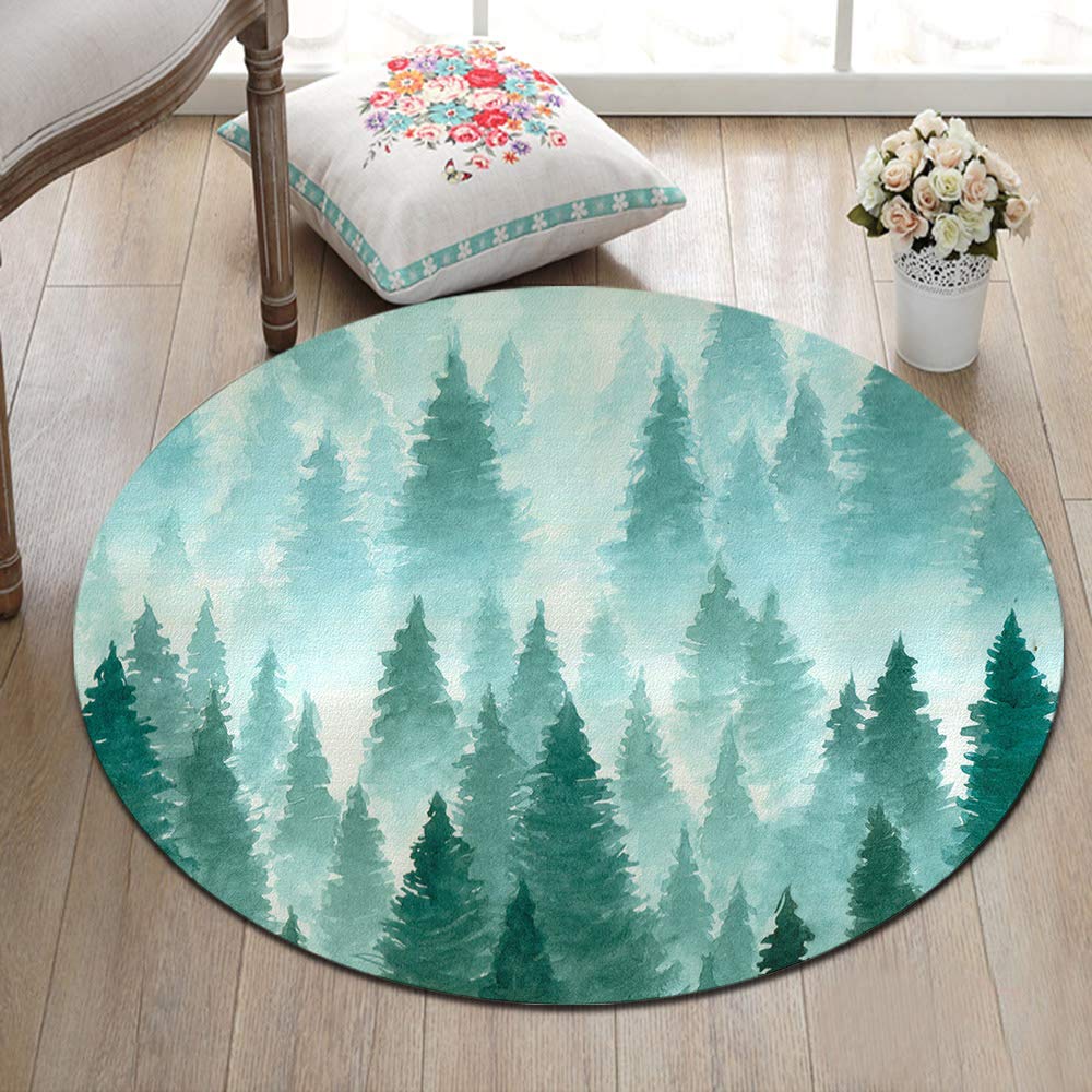 Wild Nature Theme Area Rugs, Landscape of Foggy Forest NonSlip Round Rug, Washable