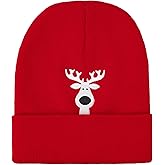 Christmas Beanie Hat Red Knit Skull Cap with White Reindeer Embroidery, Warm Winter Hat Gift for Men Women