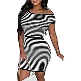 CutieLove Women's Summer Ribbed Knit Dress Striped Short Sleeve Bodycon Casual Mini Dresses