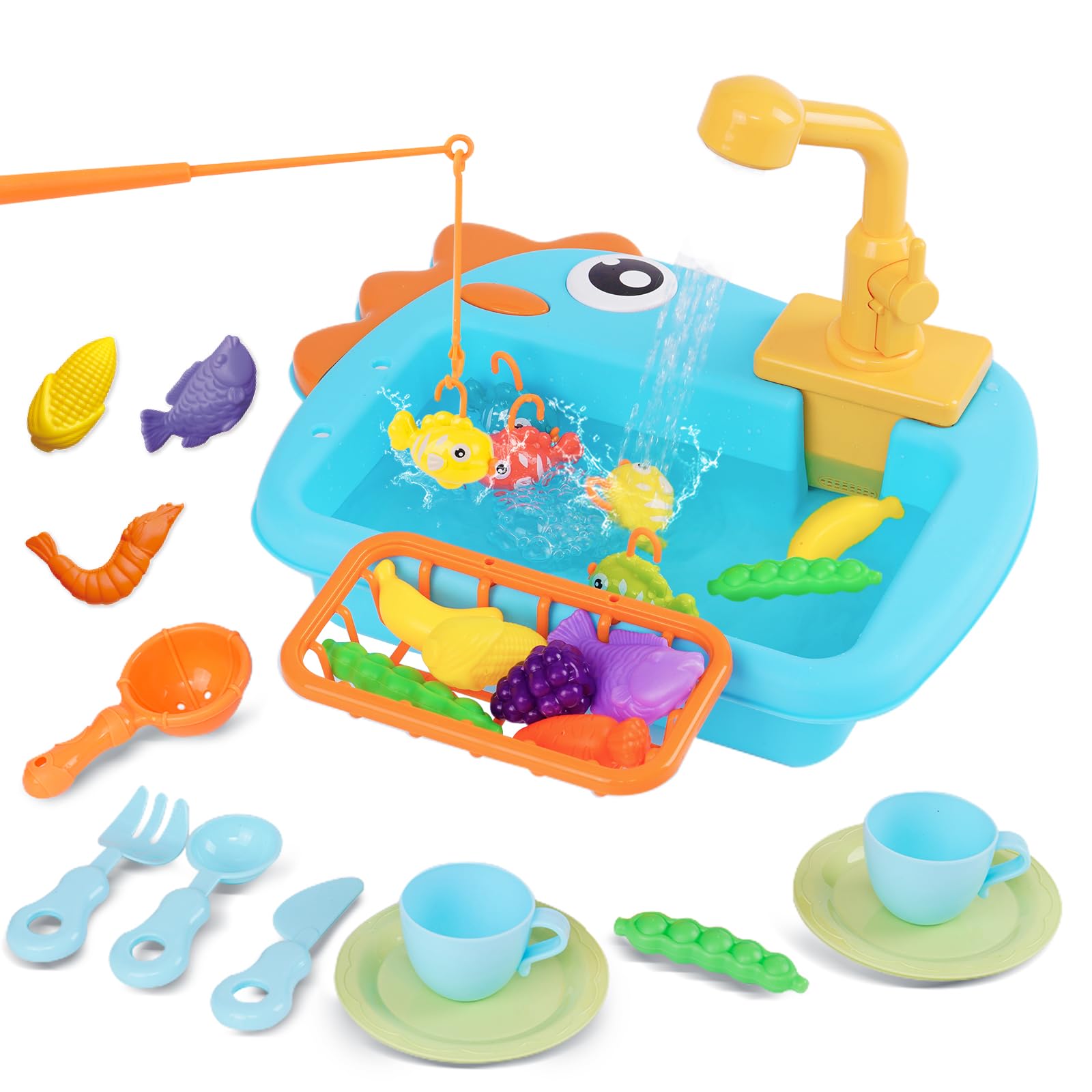 Kitchen Sink Toys for Kids Pretend Kitchen Toys with Tableware Accessories Vegetable Fruit Fishing Games for Toddlers Kids Kitchens Play Set with Running Water Blue Gift for Girls and Boys