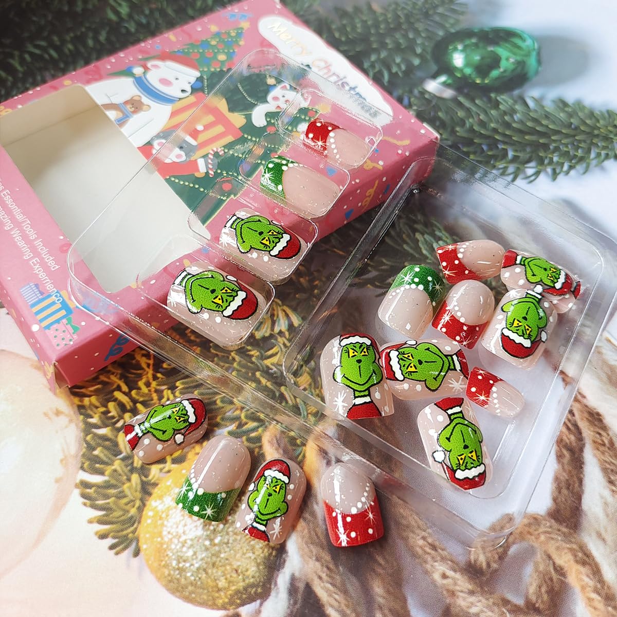 Christmas Press on Nails French Tip Fake Nails Cute Cartoon Nail Tips False Nails with Design Holiday Full Cover Glossy Stick on Nails Winter Acrylic Artificial on Nails Xmas Nail Decoration for Women - Image 6