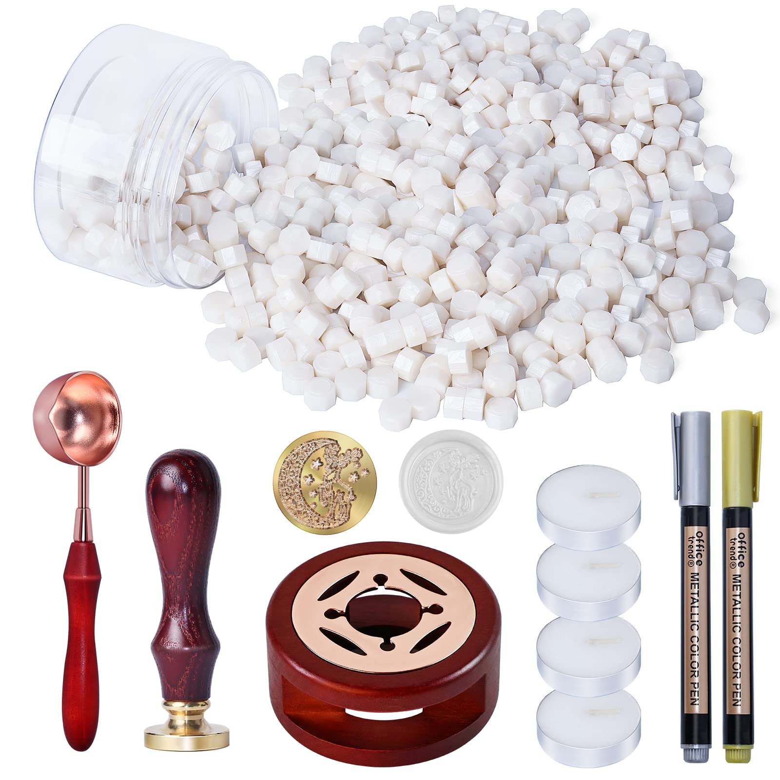 WEWINK PLUS 250 PCS Seal Stamp Kit, White Sealing Beads With Deer Stamp, Warmer, Spoon, Tea Candles, Metallic Pen for Seals, Gifts, Invitations, Envelopes, Crafts