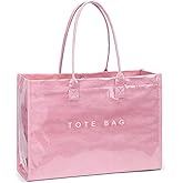Lushandy PVC Tote Bag for Women, Large Plastic Tote Purse Work Kraft Paper Letter Print Shoulder Bag Carry All Hobo Handbag