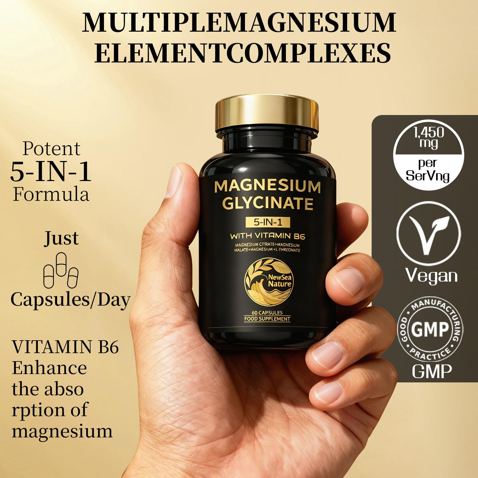 Magnesium Glycinate Supplements 800mg Glycinate,300mg Citrate,200mg Malate,150mg Gluconate Magnesium Complex | 282mg Elemental Mg | with Vitamin B6 | High Absorption | 60 Vegan Tablets | Gluten-Free