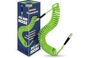 WHISPERING WONDER 1/4 in x 25 ft Air Hose with Bend Restrictor, Air Compressor Hose with 1/4 Solid 100% Pure Copper Quick Connect Fittings and I/M Plug Kit, Coiled PU Air Hoses 1/4", Green