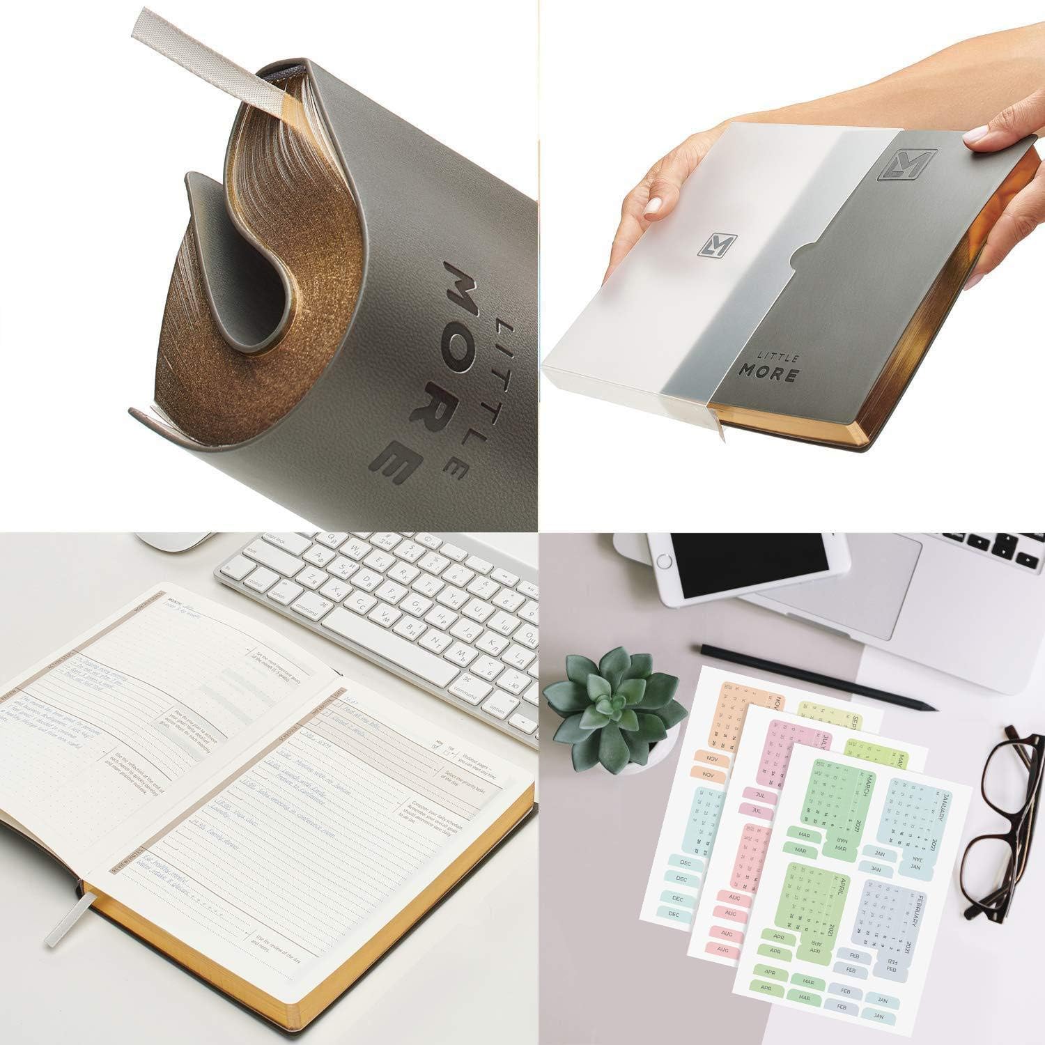 Little More Daily Organizer Planner in Protect Box - Undated Planner to Achieve Goals - A5 Vegan Leather 5.5”x8.5" - Calendar Stickers 2021-2022 (Grey Gold): Office Products
