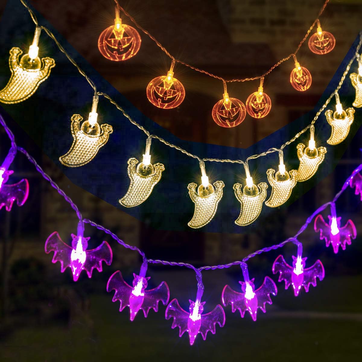 Qedertek Halloween Decorations Lights, Set of 3 Battery Powered 20 LED Halloween Party Lights - Ghost/Pumpkin / Bat.