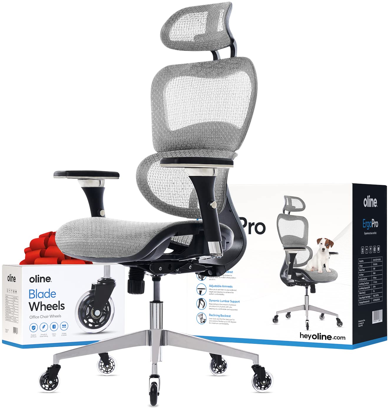 Photo 1 of Oline ErgoPro Ergonomic Office Chair - Rolling Desk Chair with 4D Adjustable Armrest, 3D Lumbar Support and Blade Wheels - Mesh Computer Chair, Gaming Chairs, Executive Swivel Chair (Light Gray)