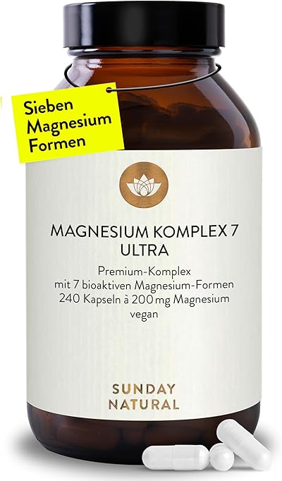 SUNDAY NATURAL® Magnesium Komplex – 240 Kapseln - 400mg pro Tag - aus 7 Verbindungen: Magnesium Bisglycinat, Citrat, Malat, Laktat, Ascorbat, Oxid, Lysinat - Vegan, laborgeprüft