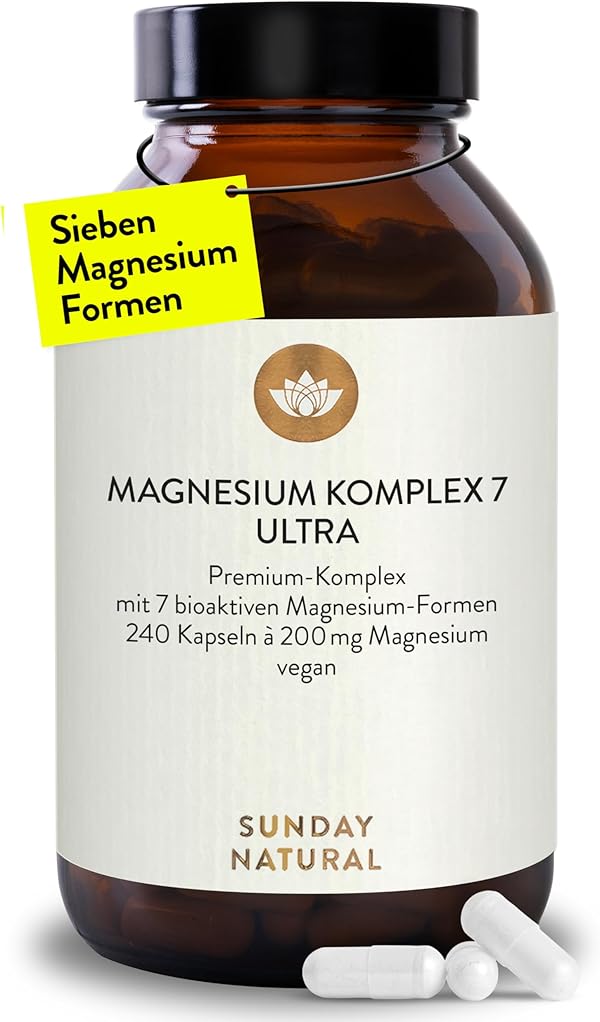 SUNDAY NATURAL® Magnesium Komplex – 240 Kapseln - 400mg pro Tag - aus 7 Verbindungen: Magnesium Bisglycinat, Citrat, Malat, Laktat, Ascorbat, Oxid, Lysinat - Vegan, laborgeprüft
