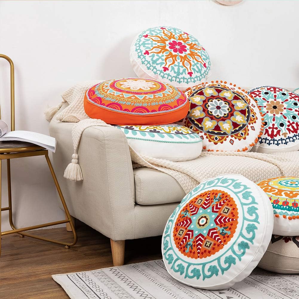 Colorful Bohemian Embroidered Round Floor Cushion, Modern Home Décor Pillow for Meditation, Yoga, and Boho Chic Seating Area Floor Pillow – Accent Your Living Room, Bedroom (18 inch Approx): Home & Kitchen