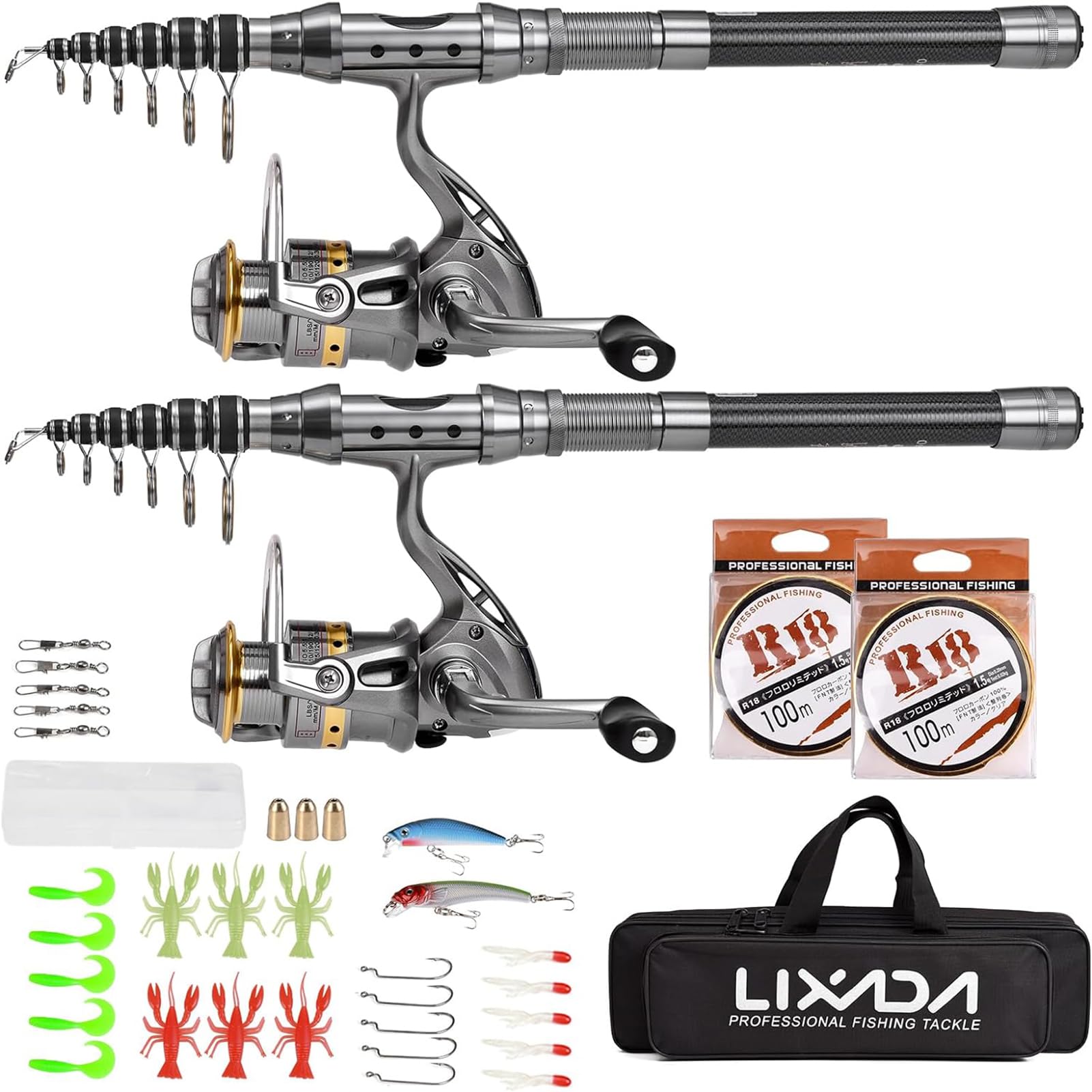 Lixada Fishing Rod Reel Combo with Carrier Bag 2PCS Rod and Reel Telescopic Fishing Accessories for Sea Fishing River 1.5/1.8/2.1/2.4m