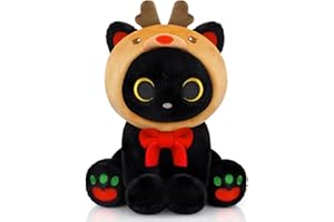 Hagusahuo Christmas Stuffed Animals，8inch Black Cat Plush with Moosem Hoodie Removable， Cute Stuffed Cat Kawaii Deer Plushies Toy, for Kids Boys, Girls, Adults
