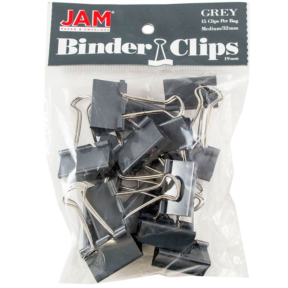 JAM PAPER Colourful Binder Clips - Medium - 32 mm - Grey Binderclips - 15/Pack