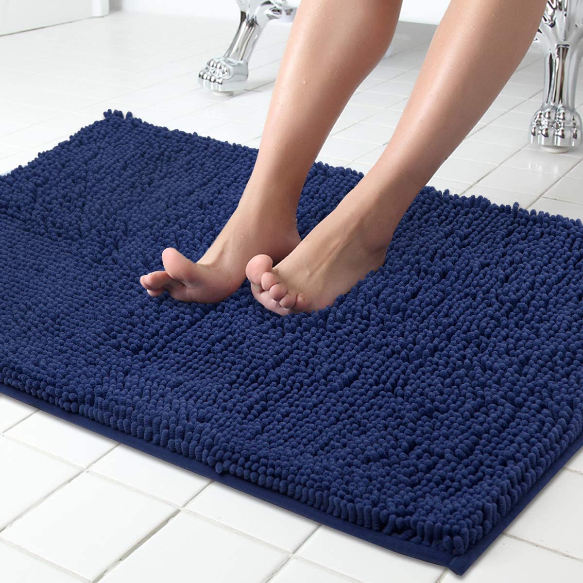 ITSOFT Chenille Bath Mat, Non Slip, Absorbent & Machine Washable Toilet Mat, Soft Plush Bath Rug, Bathroom Accessory (60x50cm, Navy Blue)