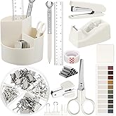 Marspark Beige Desk Accessories Office Supplies Set, 12 Pcs | 360&deg; Rotating Pen Holder, Stapler, Tape Dispenser, Scissor, Sticky Notes, Binder Clips, Desk Organizers Gift for School