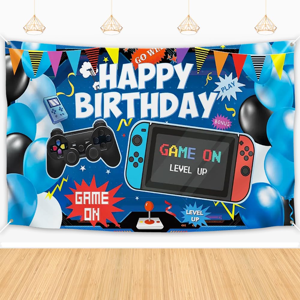 Photo 1 of Video Game Birthday Backdrop, Happy Birthday Gaming Banner, Gaming Theme Party Background Photo Props, Video Game Birthday Party Decoration for Kids Boys Girls(6x3.6ft)
